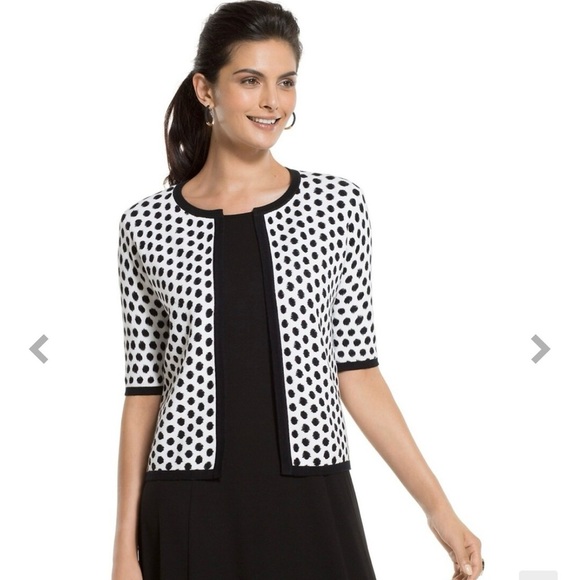 Chicos Black White Polka Dot Open Front Short Sleeve Cardigan Sweater Size 1 M - Picture 8 of 9